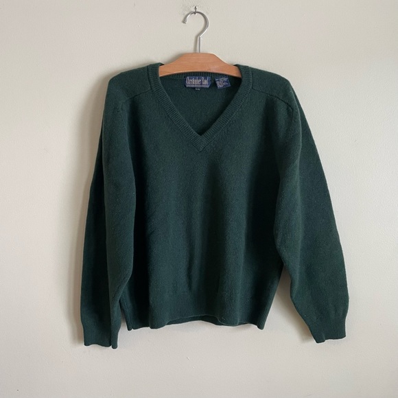 Vintage Sweaters - 80s Vintage Christopher Rand 100% Wool Lambswool V-neck Sweater Forest Green